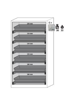 6× pull-out shelf with plastic sump, load capacity: 30 kg, sheet steel powder-coated/PP