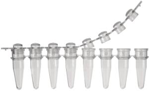 Strips of 8 PCR tubes with attached domed individual caps